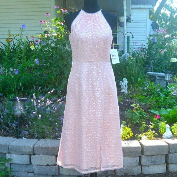 Aidan Mattox Sequined Rose Quartz Halter Midi Dress New with Tags - Picture 1 of 9